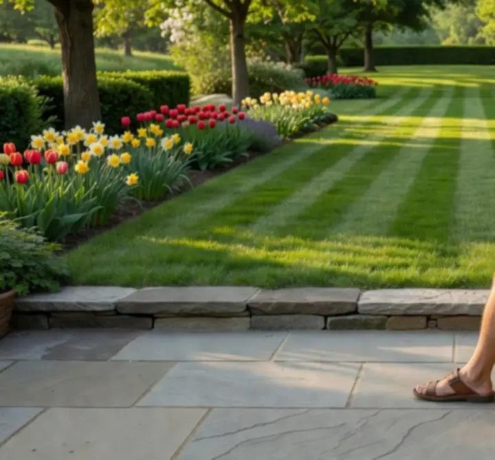 Właściciel nieruchomości odpoczywający na tarasie z widokiem na zadbany ogród